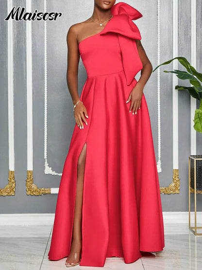 Mlaiscsr Elegant One-Shoulder A-Line Evening Dress showcasing intricate red polyester fabric and stunning oversized bow detail, perfect for sophisticated occasions.