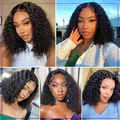 Luxury 14 inch short curly bob wig made from 100% human hair with deep wave texture, featuring a 13x4 lace front for a natural look.