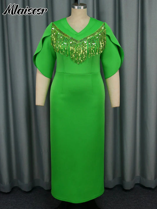 Elegant Mlaiscsr women's green sequin tassel dress with butterfly sleeves and V-neckline, perfect for evening receptions.