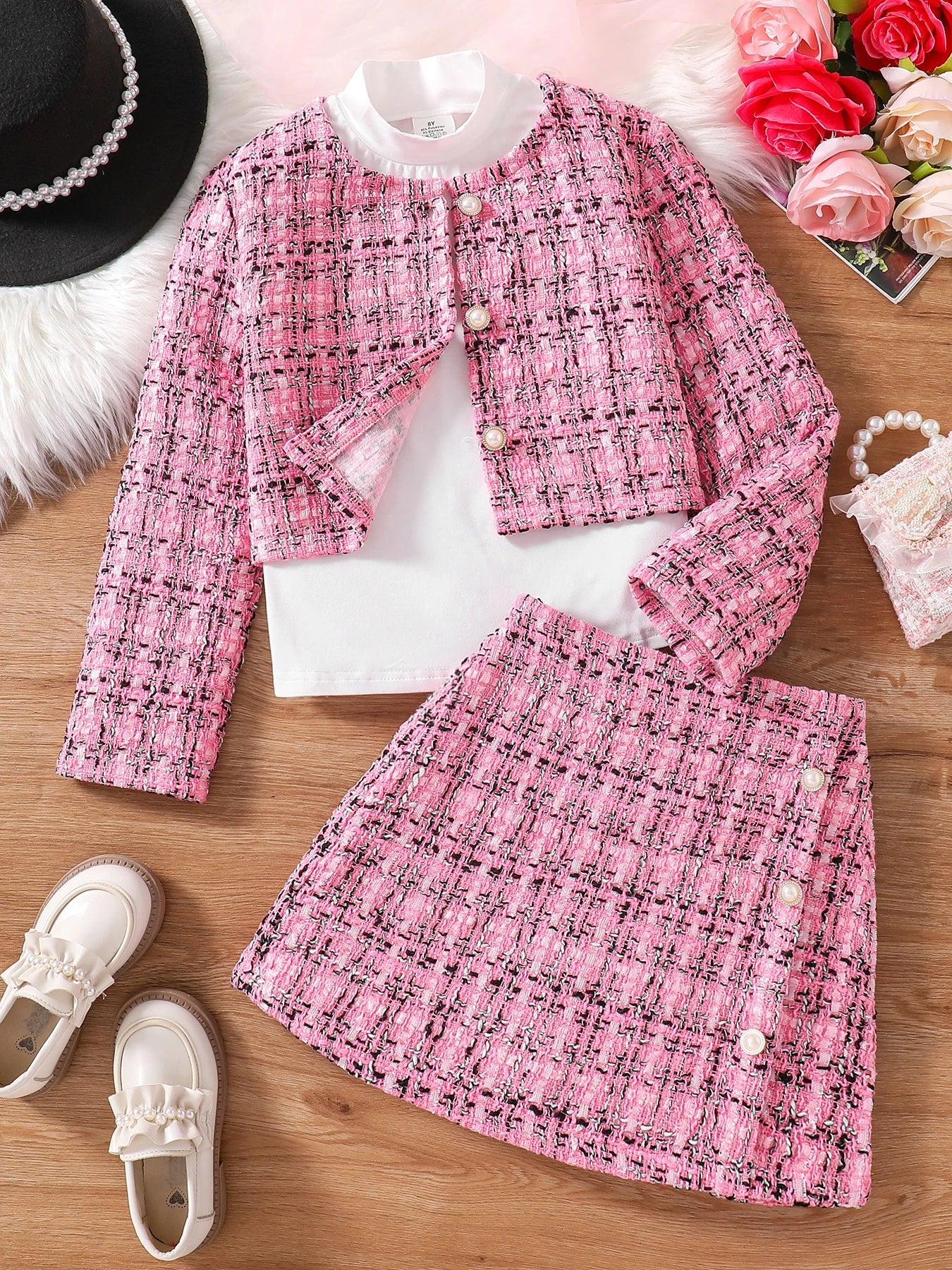 Luxury Girls' Fashion 3-Piece Set featuring a chic pink checkered coat, stylish skirt, and solid colour shirt, designed for ages 7-13, perfect for autumn occasions.