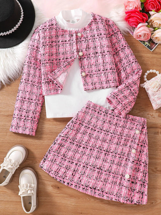 Luxury Girls' Fashion 3-Piece Set featuring a chic pink checkered coat, stylish skirt, and solid colour shirt, designed for ages 7-13, perfect for autumn occasions.