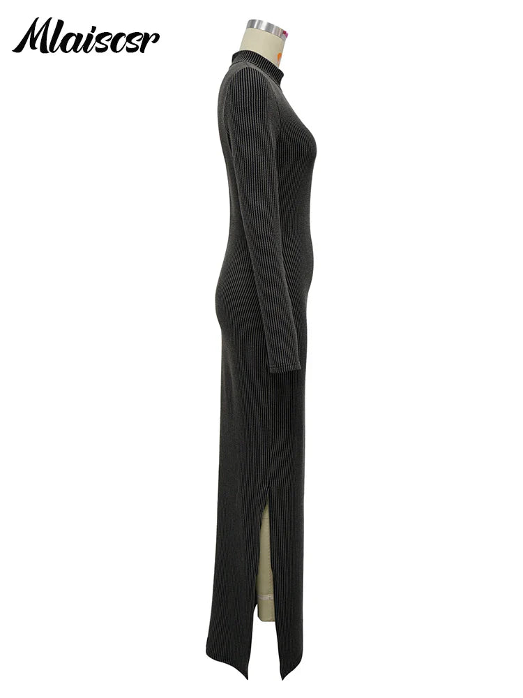 Sophisticated Mlaiscsr bodycon dress in sleek polyester and spandex, showcasing a refined side split for a chic silhouette.