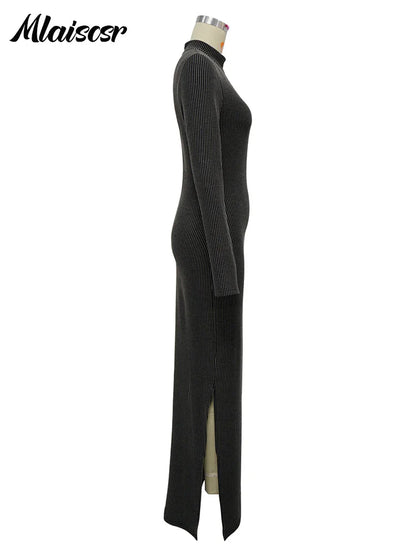 Sophisticated Mlaiscsr bodycon dress in sleek polyester and spandex, showcasing a refined side split for a chic silhouette.