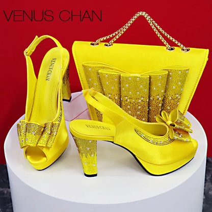 Elegant high-quality yellow fish beaked toe cap thin heels with elegant slingback design, perfect for weddings and parties, showcased in a luxurious setup.