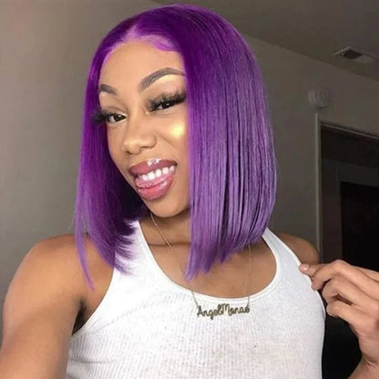 Elegant Luxury Brazilian Purple Short Straight Lace Bob Wig featuring 13x5x1 Transparent Swiss Lace, perfect for a chic hairstyle.