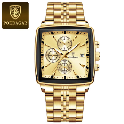 Luxury men's luminous waterproof chronograph wristwatch featuring a square stainless steel case and quartz movement, designed for a fashionable lifestyle.