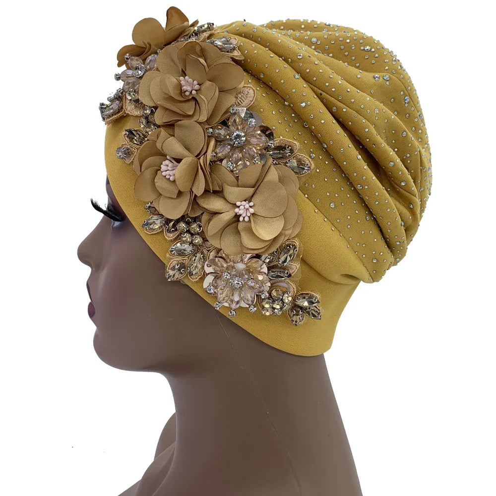 Model wearing a chic African turban cap, highlighting its stylish fit and luxurious fabric, ideal for any occasion.