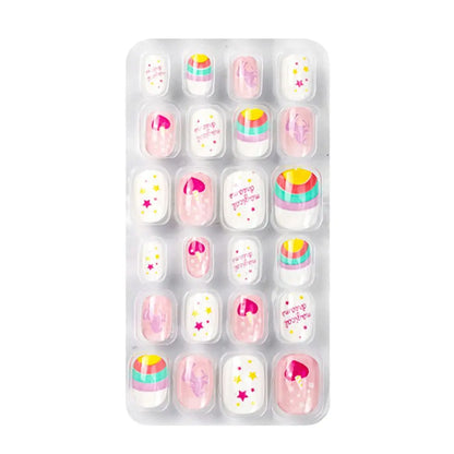 Luxury set of 24 cute acrylic press-on false nails for kids, designed with colourful candy flower patterns, perfect for stylish nail decoration gifts.