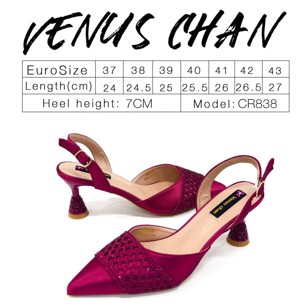 Stylish matched handbag set with rhinestones, ideal for pairing with elegant heeled shoes for special occasions.