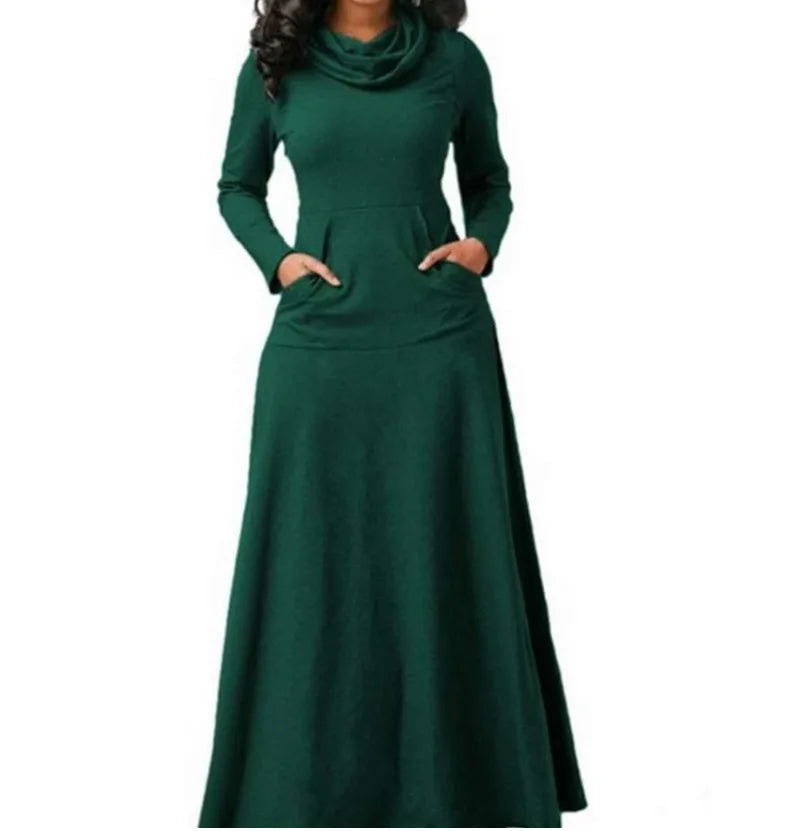 Plus Size Elegant Women’s Ankle-Length Maxi Dress by Hot Trends Area, featuring a high collar and long sleeves in a luxurious casual A-line design.