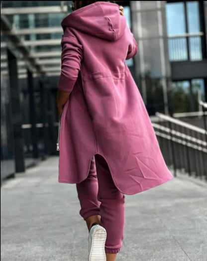 Elegant full-length view of a luxury women's hooded coat tracksuit, showcasing its stylish zipper closure and sophisticated design for office attire.