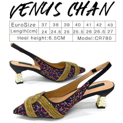 Artistic arrangement of Venus Chan women's slingback shoes and handbag set, perfect for stylish wedding and party looks, emphasizing luxury and fashionable design.