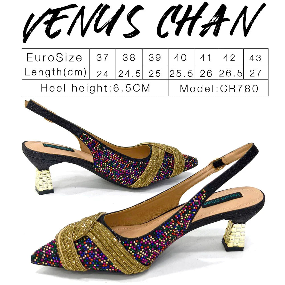 Fashionable Venus Chan women's footwear and bag set, highlighting superior quality and a trendy look for glamorous parties.