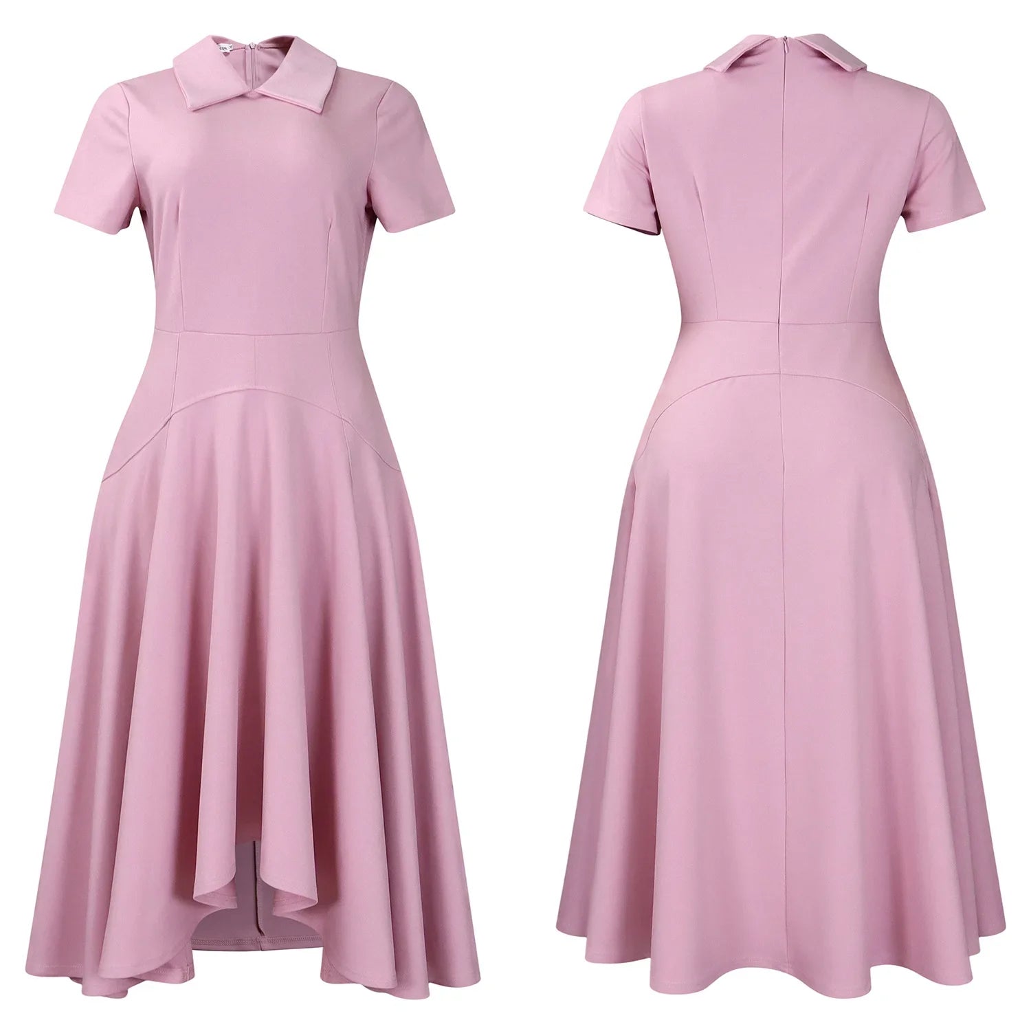 Chic women's pleated evening dress in a solid colour, emphasising the Peter Pan collar, ideal for upscale summer events.