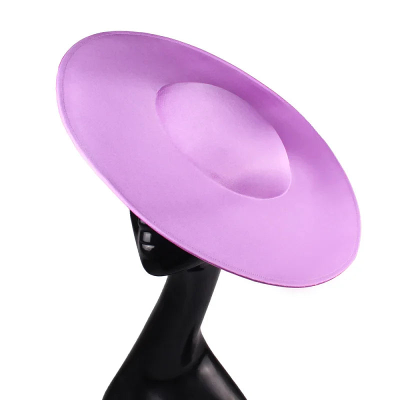 Fashion-forward satin top hat with large brim, promoting an exquisite style for fashionable women.