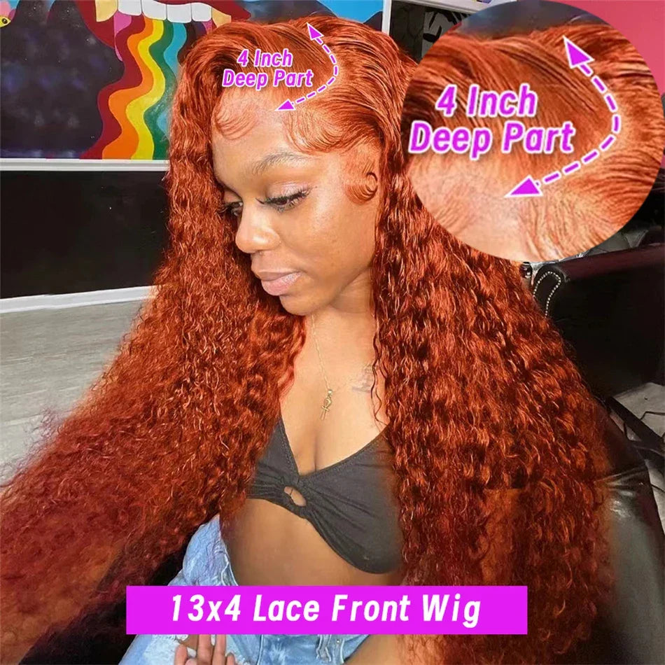 Luxurious Orange Ginger Deep Wave 13x6 HD Transparent Frontal Wig, showcasing voluminous long curly Brazilian human hair for a stunning look.