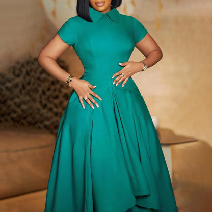 Elegant Women's Pleated A-Line Church Dress by Hot Trends Area, showcasing a sophisticated irregular length and short sleeves, ideal for stylish summer gatherings.