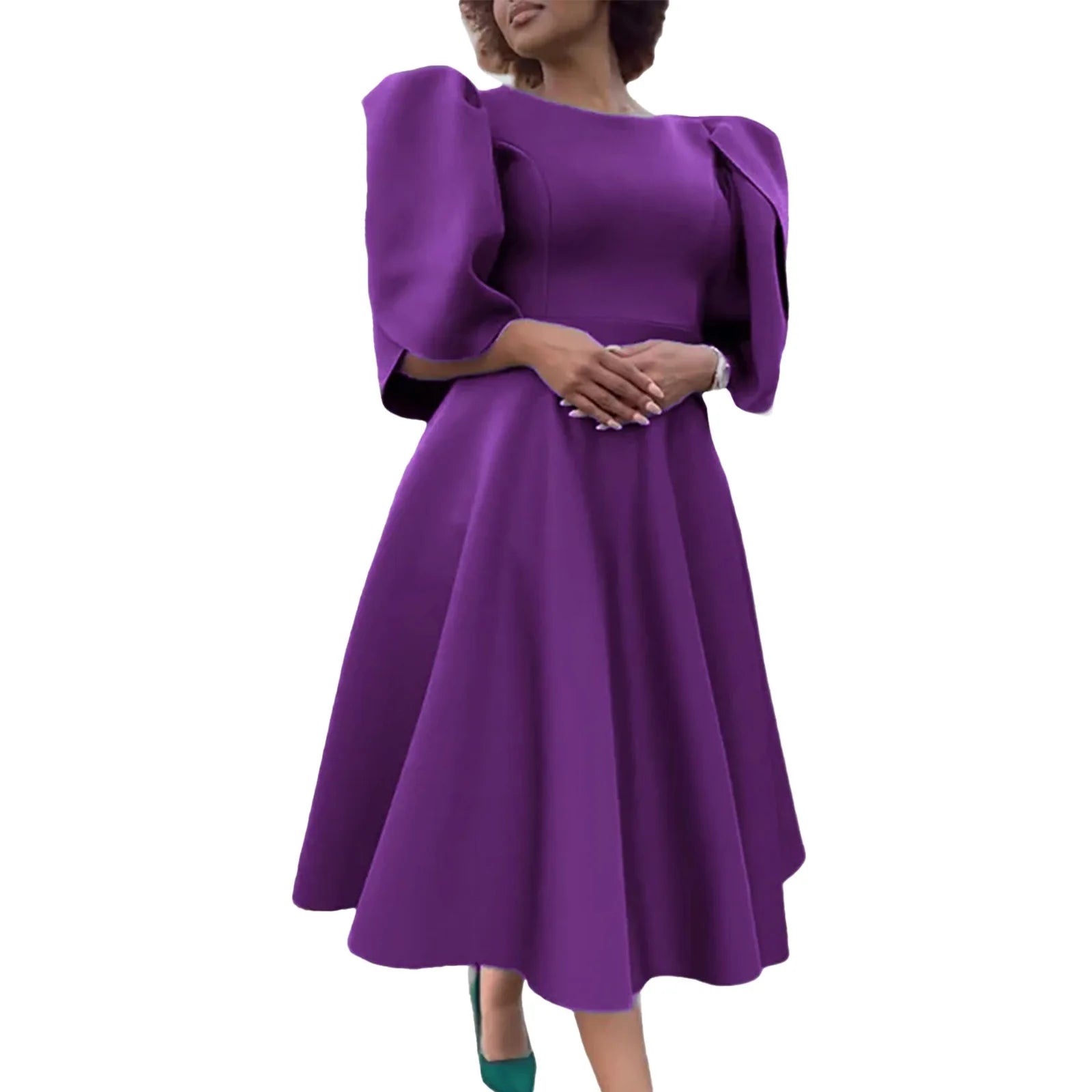 Elegant women's luxury pleated mid-calf dress in rich fabric, showcasing a flattering round neckline and half sleeves, perfect for sophisticated occasions.