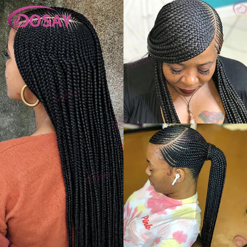 Close-up of the light brown Swiss lace on a luxury synthetic box side part braided wig, showcasing the intricate braid texture and premium quality.