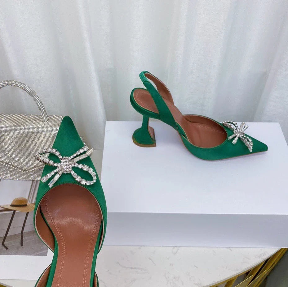 Elegant summer stiletto heels sandals for women, displaying a sophisticated design with an elastic band closure and luxurious silk upper material.