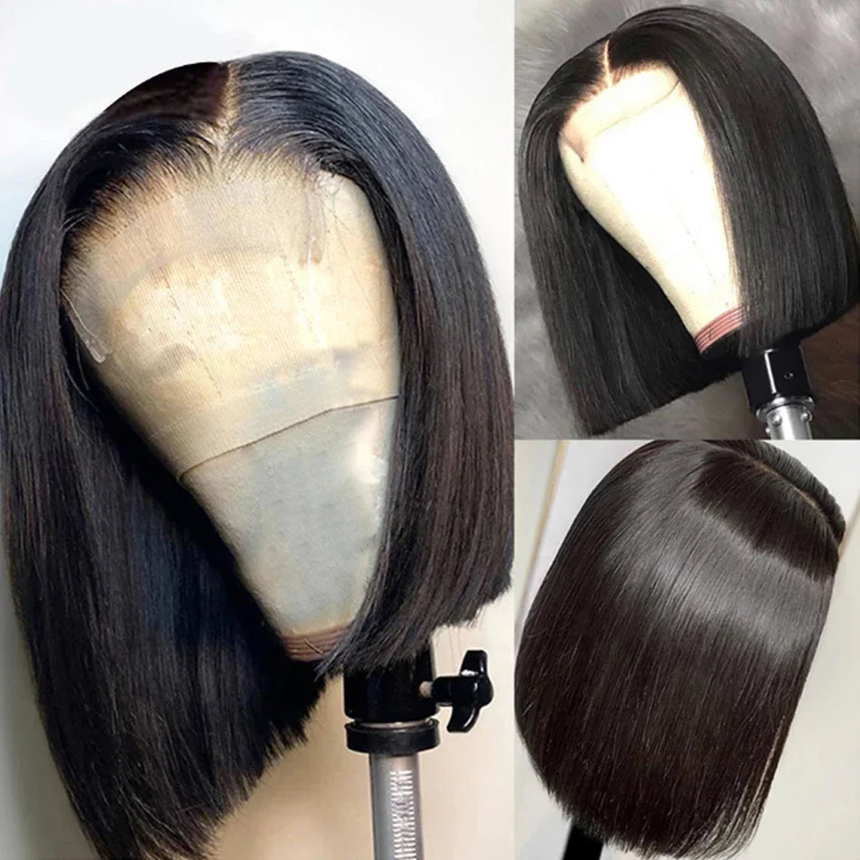 Stylish straight bob of the Short Brazilian Lace Front Wig, highlights the Remy Human Hair texture, perfect for a sophisticated appearance.