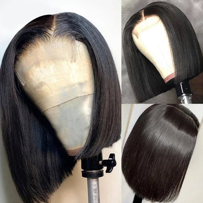Stylish straight bob of the Short Brazilian Lace Front Wig, highlights the Remy Human Hair texture, perfect for a sophisticated appearance.