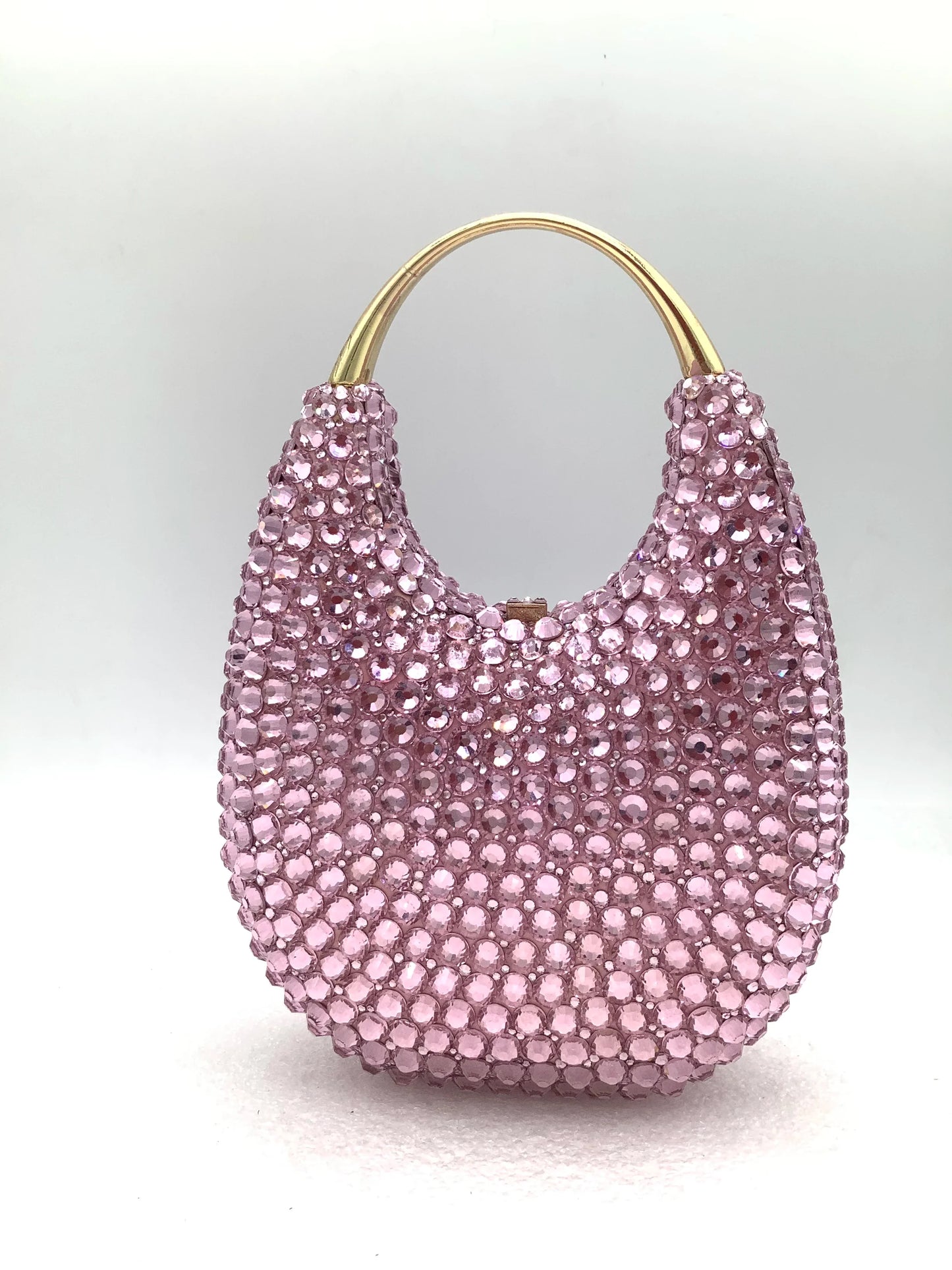 Elegant Women's Minaudiere Evening Clutch Bag adorned with sparkling crystal diamonds, featuring a luxurious metallic finish and sophisticated hasp closure.