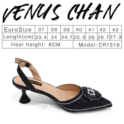 Trendy and fashionable women's party shoes with bling detail, elegantly paired with a refined handbag, ideal for weddings and parties.