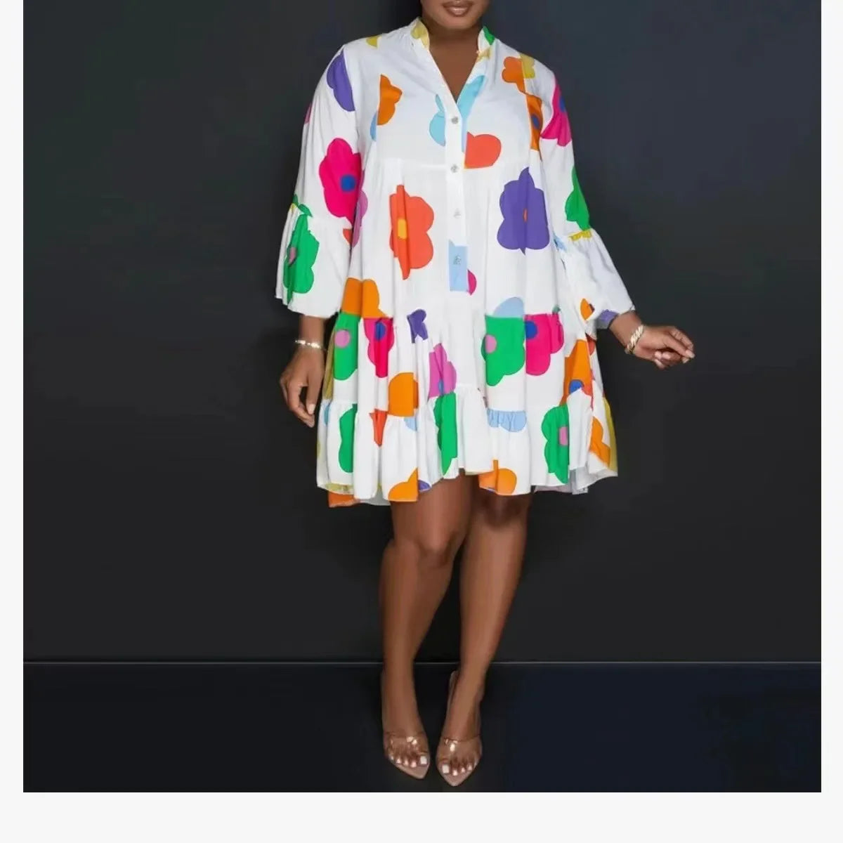 Stylish V-Neck jumpsuit in a vibrant print, designed for middle-aged women seeking comfort and elegance this autumn.