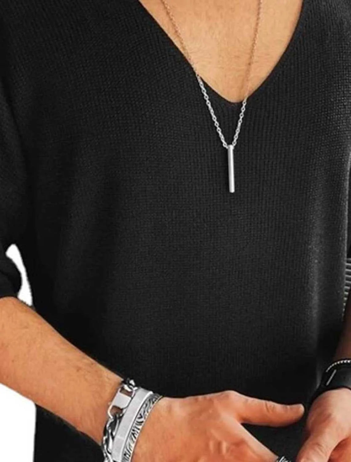 Men's luxurious casual V-neck knit top in breathable fabric, showcasing snug short sleeves, perfect for Spring and Summer.