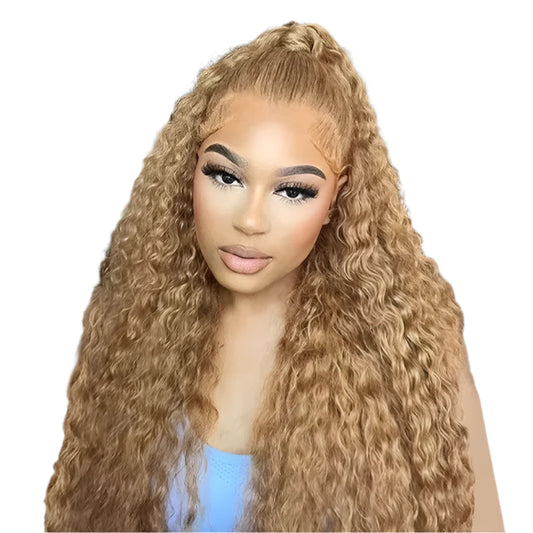 Premium 200 density 13x4 HD lace front wig, featuring luxurious deep wave texture and crafted from Remy human hair in a stunning 27# light brown shade, perfect for women seeking a glamorous look.