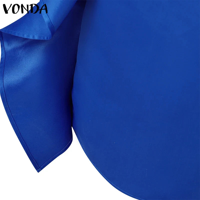 Elegant Plus Size 5XL Bohemian Maxi Long Dress by VONDA, showcasing luxurious satin fabric with delicate ruffle detailing, perfect for summer parties and holidays.