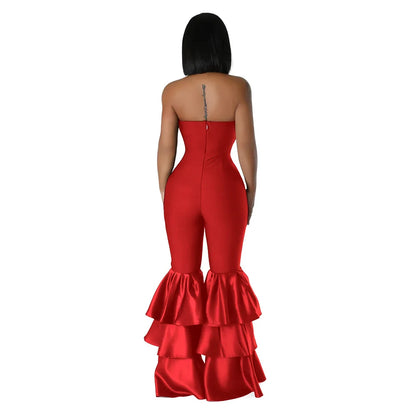 Premium-quality women's ankle-length jumpsuit, featuring a trendy ruffled patchwork style and a flattering strapless design, ideal for high-end fashion and luxurious styling.