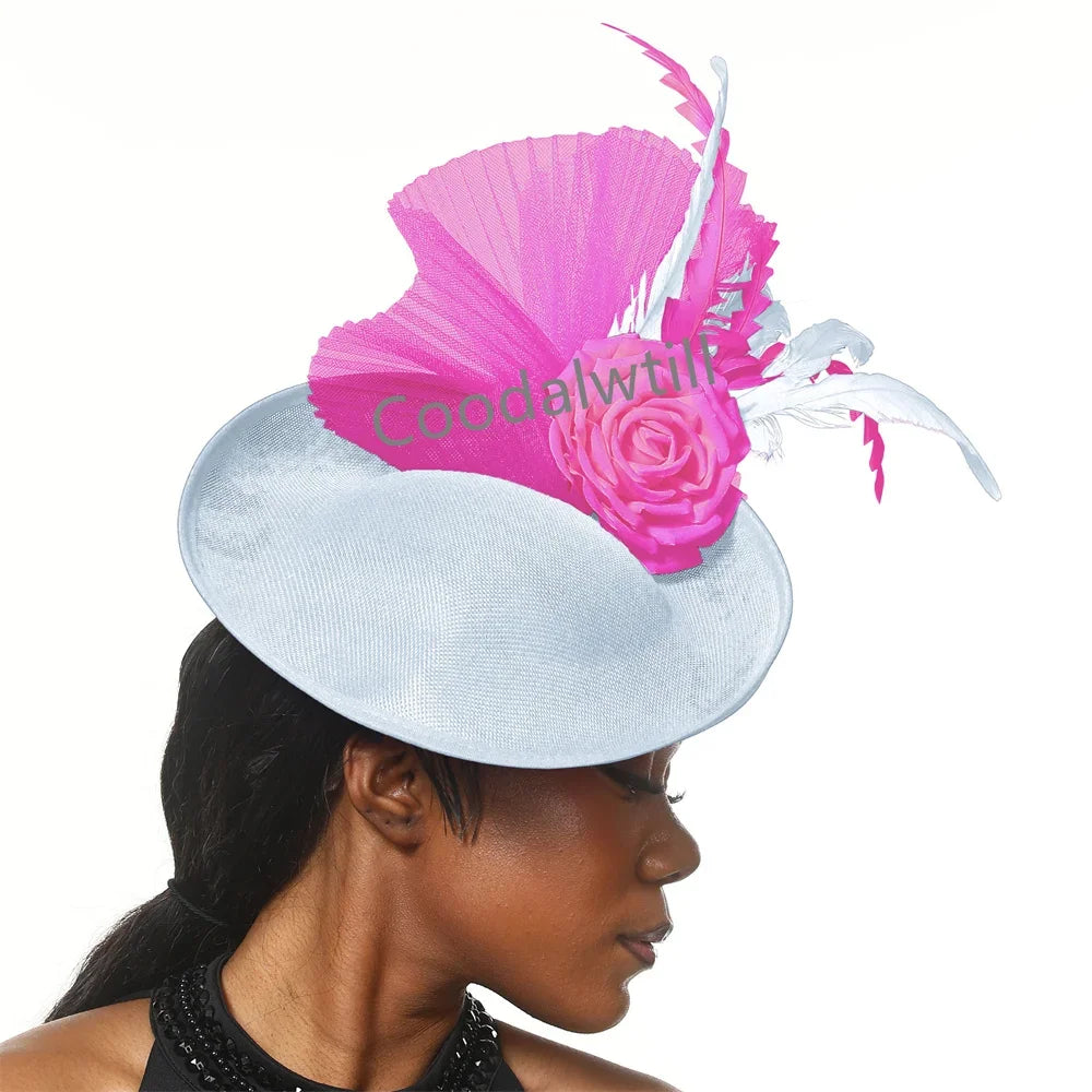 Luxurious elegant flower fascinator headpiece for women, perfect for weddings and special occasions, adorned with feathers.