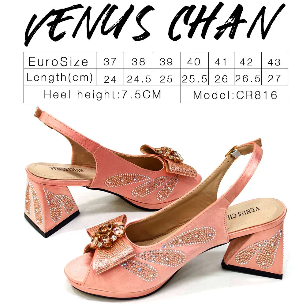 Luxury Venus Chan Bow Rhinestones Peep Toe High Heels in Purple, perfect for elegant occasions, accentuated with sparkling rhinestones and fashionable slingback design.