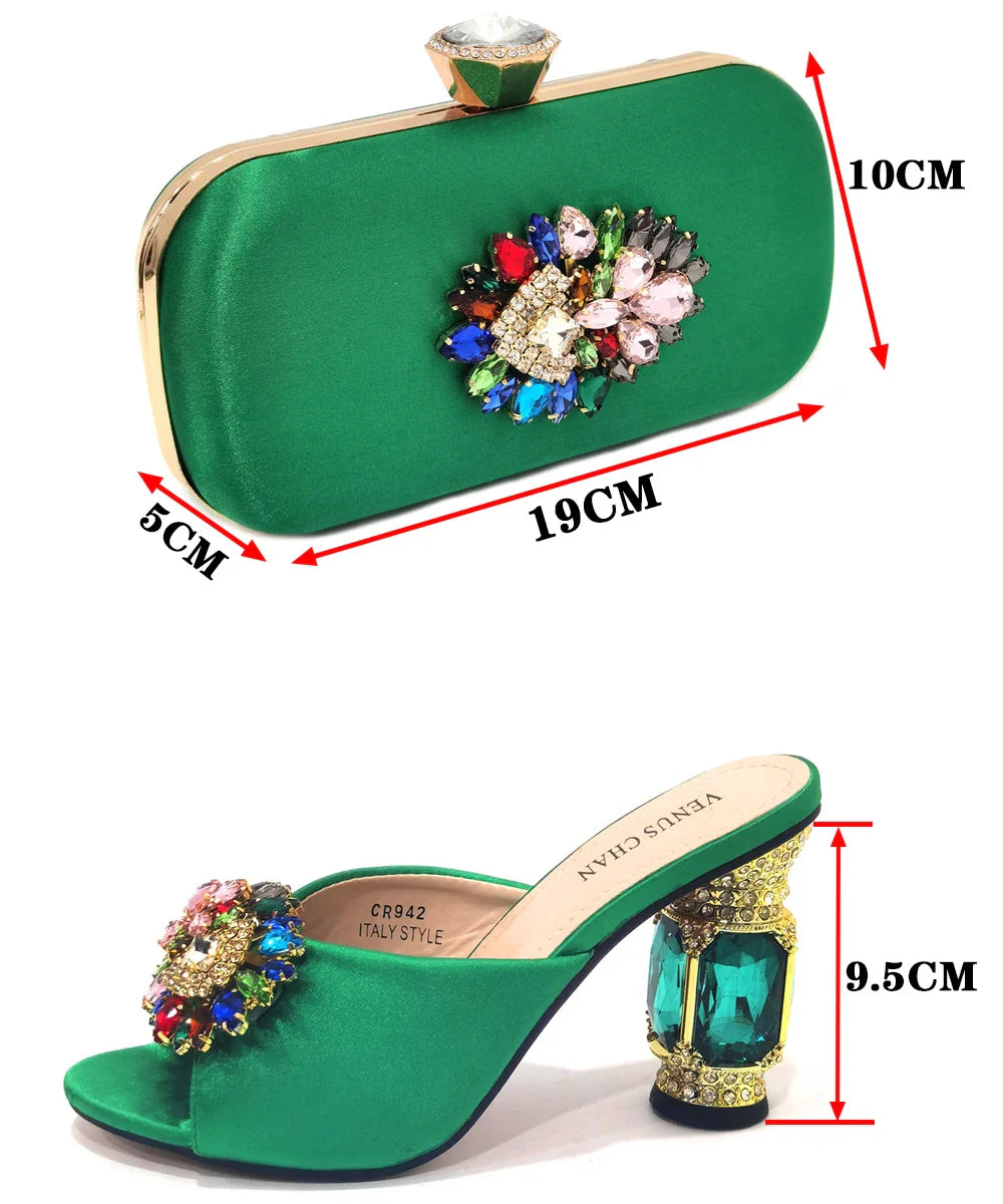 Stylish evening bag set featuring a golden metal handle and long chain shoulder strap, designed to complement luxury yellow stiletto heels.