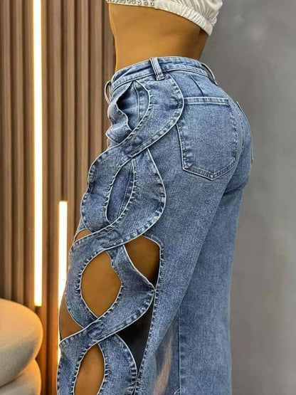 Elegant blue high waist wide leg hollow out jeans for women by BKQU, crafted from cotton elastic denim, perfect for sophisticated parties and stylish occasions.