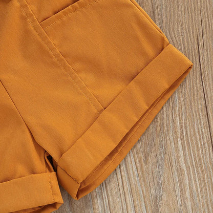 Luxurious girls summer clothing set featuring a stylish sleeveless halter top, tailored shorts, and an elegant waist bag for fashionable infants aged 1-3 years.