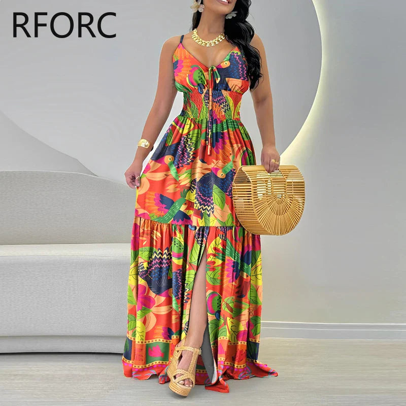 Luxury cotton blend sleeveless women's maxi dress with a vibrant floral print, highlighted by graceful ruffle detailing and a flattering regular fit, ideal for middle-aged fashion enthusiasts.