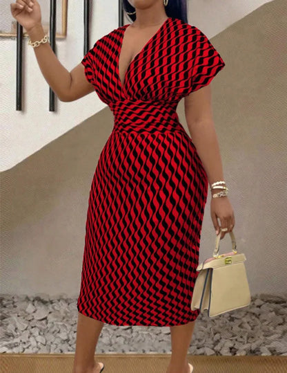 Fashionable deep V neck midi dress showcasing an empire waistline, tailored for elegance and comfort in every movement.