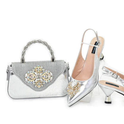 Stylish heeled pumps and matching bag set in coffee colour, ideal for upscale events and evening wear.