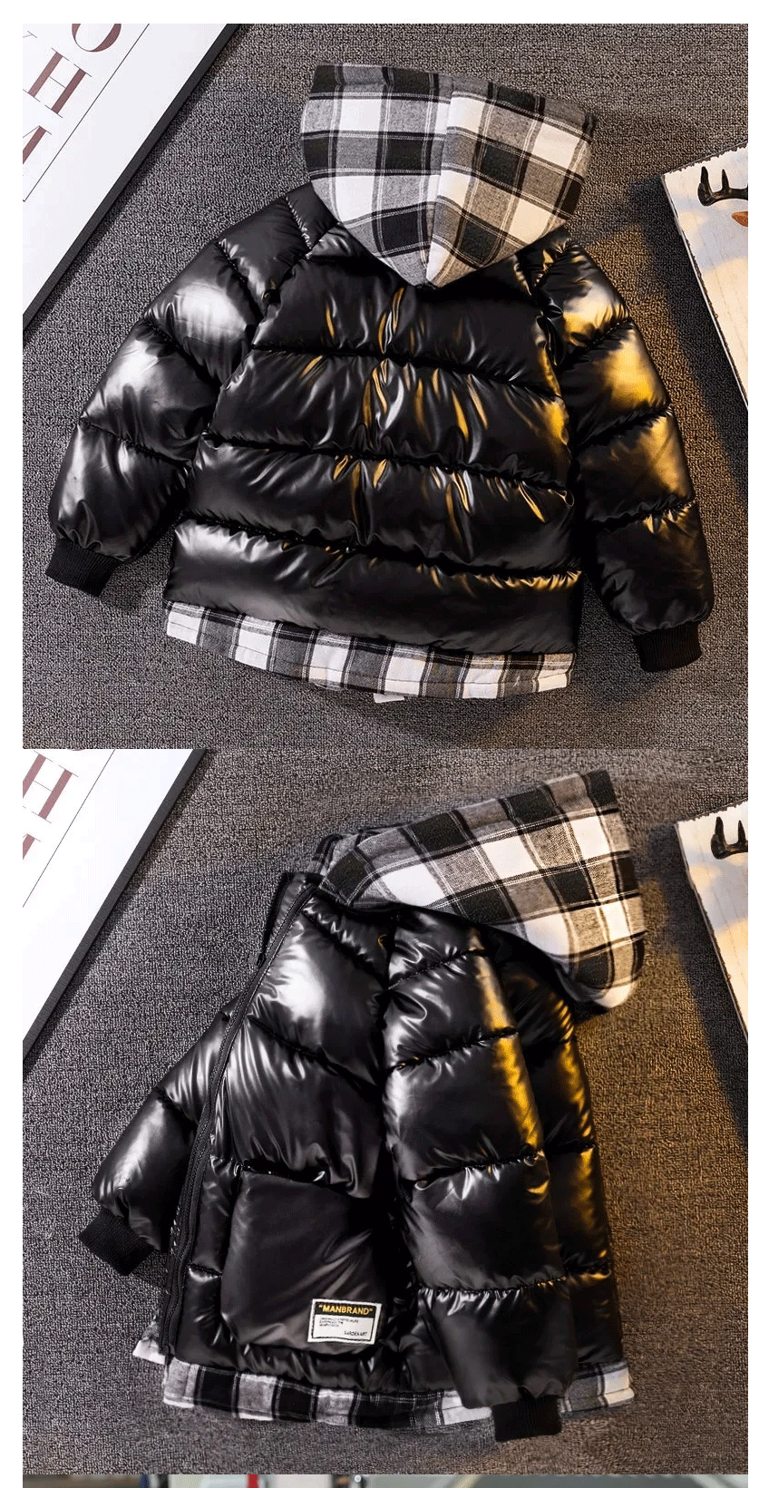 Stylish luxury boys padded hooded jacket in black, perfect for winter with thick cotton filling, suitable for ages 3T to 13Y.