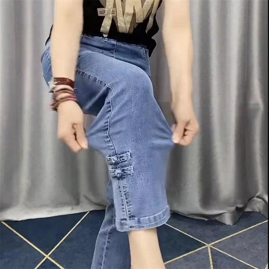Elegant Korean loose straight ankle-length denim pants showcasing high elasticity for women, perfect for casual summer outings with a sophisticated style.