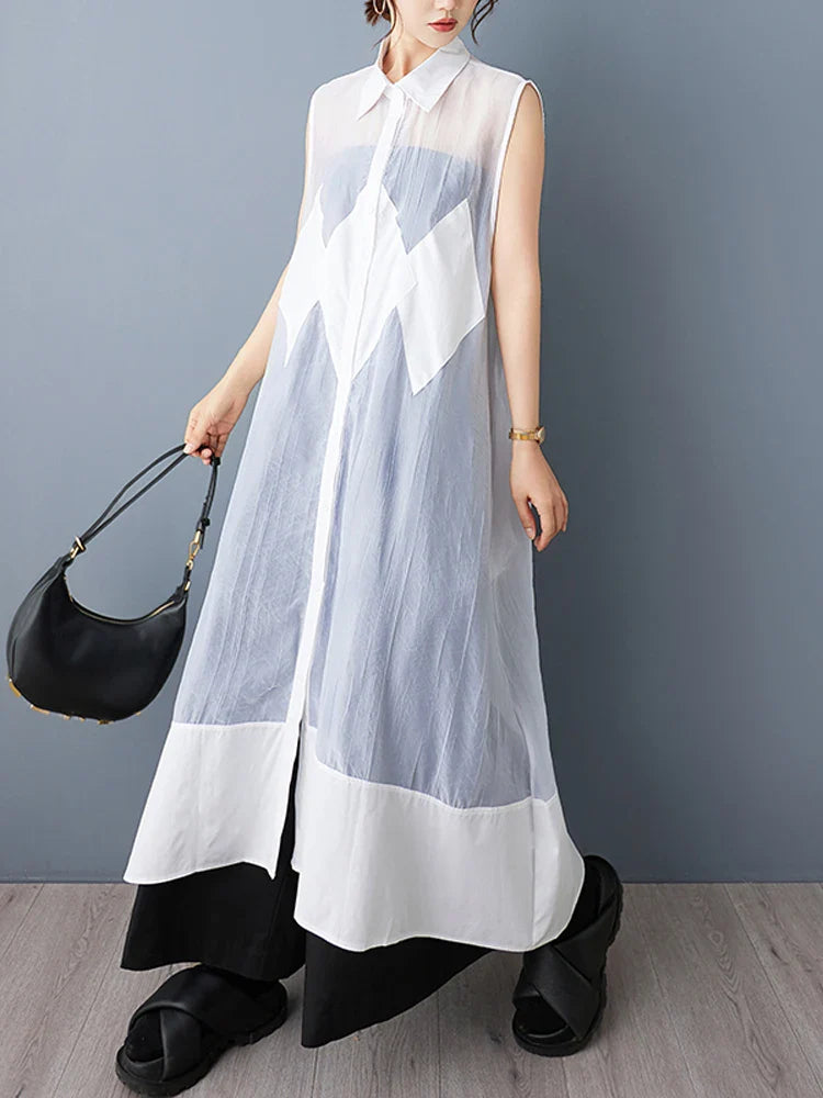 Chic sleeveless design of the NYFS Loose Plus Size Organya Splicing Casual Shirt Dress, highlighting its loose waist and fashionable Korean aesthetic.