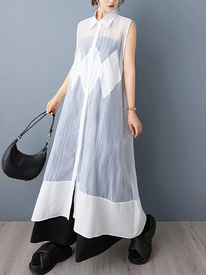 Chic sleeveless design of the NYFS Loose Plus Size Organya Splicing Casual Shirt Dress, highlighting its loose waist and fashionable Korean aesthetic.