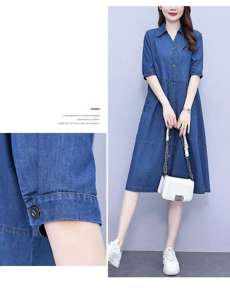 Beautifully crafted oversized denim dress in A-line style, perfect for middle-aged women seeking fashionable comfort in casual attire.