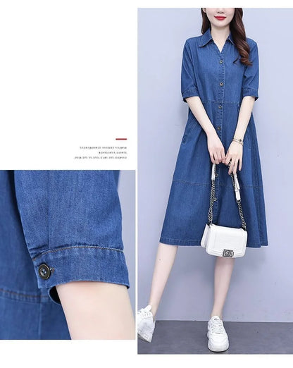 Beautifully crafted oversized denim dress in A-line style, perfect for middle-aged women seeking fashionable comfort in casual attire.