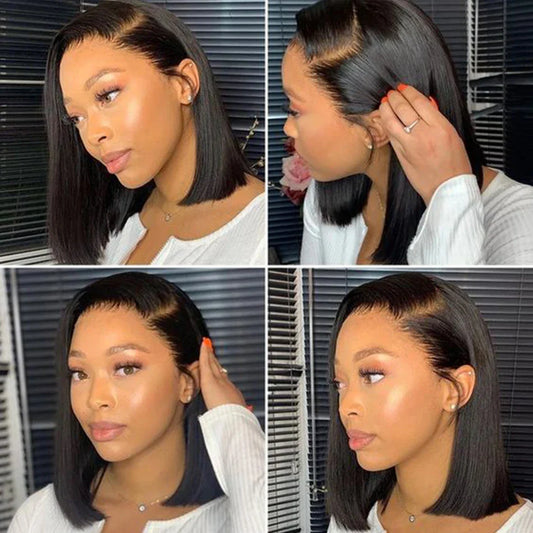 Luxury short bob wig made from premium Brazilian human hair with a 4x4 lace front, showcasing a straight texture and transparent lace for a natural look.