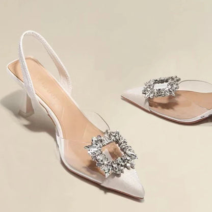 BCEBYL Women’s elegant crystal transparent high heel pumps with a pointed toe, perfect for glamorous parties.