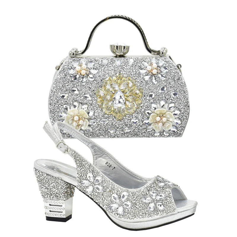 Matching purple handbag included in the elegant Italian women’s wedding shoe set, adorned with chic rhinestones.